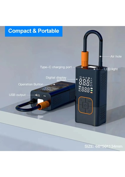 Yeni Model Auhma 3600 Mah Şarjlı Hava Pompası Araç Lastik, Bisiklet, Top Şişirme Oto Hava Kompresörü