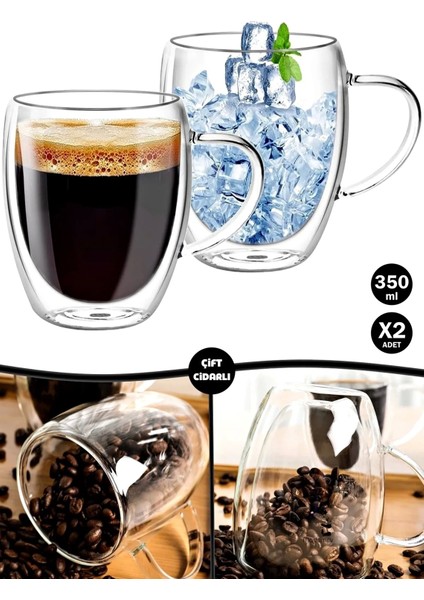 Çift Cidarlı Bardak Kupa 350 ml Ev Ofis Espresso Kahve Çay Fincanı Borosilikat Kulplu Cam Bardak