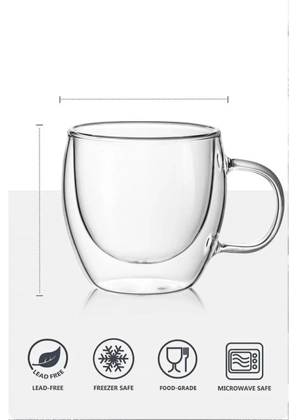 Çift Cidarlı Bardak Kupa 350 ml Ev Ofis Espresso Kahve Çay Fincanı Borosilikat Kulplu Cam Bardak