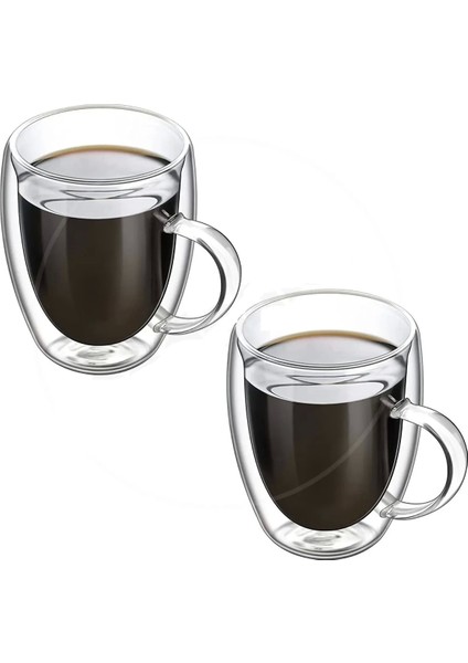 Berdina Home 2'li Çift Cidarlı Bardak 350 ml Isıya Dayanıklı Borosilikat Espresso Sunum Bardağı Kulplu Kahve Kupa