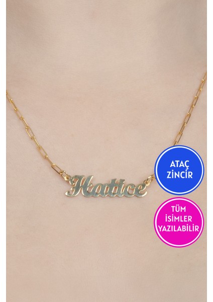 Gümüş İsimli Kolye Özel Tasarım Ataç Zincir 18 Ayar Sarı Altın Kaplama Kişiye Özel İsim Yazılı 925 Ayar Kadın Gümüş İsimli Kolye Bayan İsimli Kolye Kişiye Özel İsim Kolye İsim Kolyesi