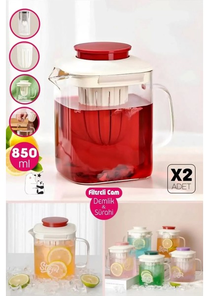 2'li Isıya Dayanıklı Borosilikat Cam Demlik Çelik Filtreli Bitki Çayı Demliği & Kulplu Sürahi 850ML