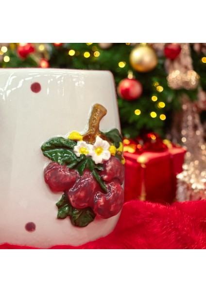 3D Kabartma El Emeği Göz Nuru Kirazlı 🍒 Seramik Kupa Bardak 400 ml