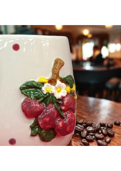 3D Kabartma El Emeği Göz Nuru Kirazlı 🍒 Seramik Kupa Bardak 400 ml