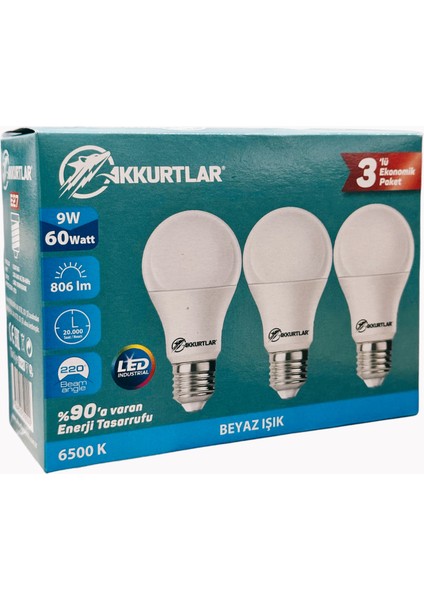 Led Lamba 9W-60W 806 Lümen Beyaz Işık E27 (3'lü Ekopaket)