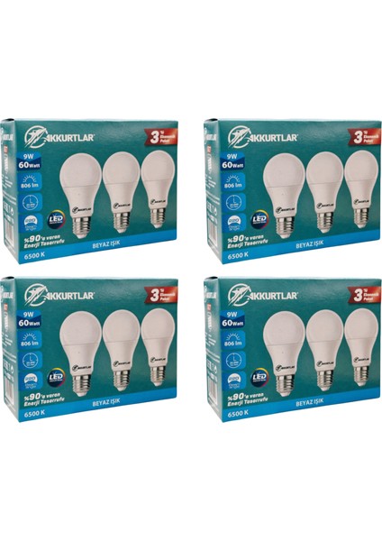 Led Lamba 9W-60W 806 Lümen Beyaz Işık E-27 (12'li EKOPAKET )