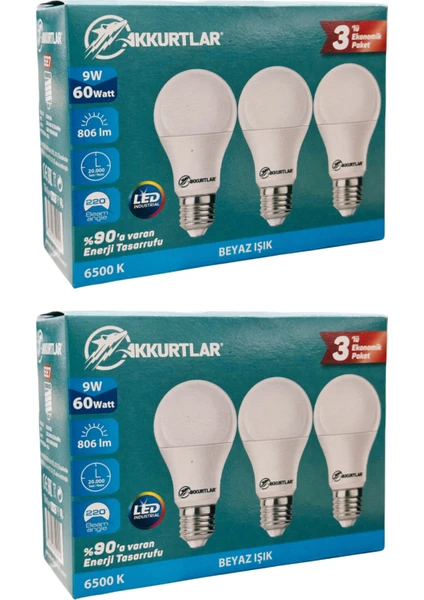 Led Lamba 9W-60W 806 Lümen Beyaz Işık E27 (6'lı Ecopaket)