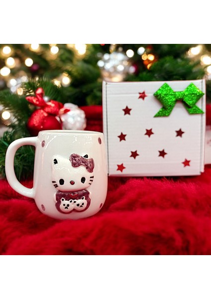 Bonibon Collection Design 3D Kabartma El Emeği Göz Nuru Hello Kitty Seramik Kupa Bardak 400 ml