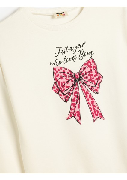 Sweatshirt Fiyonk Baskılı Uzun Kollu Bisiklet Yaka Pamuklu