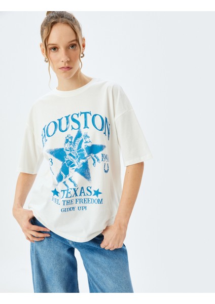 Slogan Baskılı Bisiklet Yaka Kısa Kollu T-Shirt