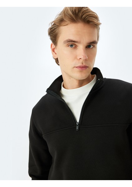 Uzun Kollu Pamuk Karışımlı Basic Yarım Fermuarlı Sweatshirt