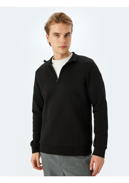 Uzun Kollu Pamuk Karışımlı Basic Yarım Fermuarlı Sweatshirt