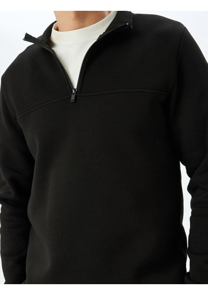 Uzun Kollu Pamuk Karışımlı Basic Yarım Fermuarlı Sweatshirt