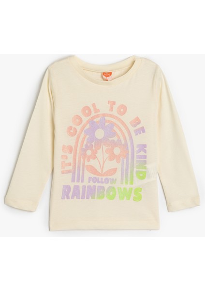 T-Shirt Çiçek Baskılı Uzun Kollu Bisiklet Yaka