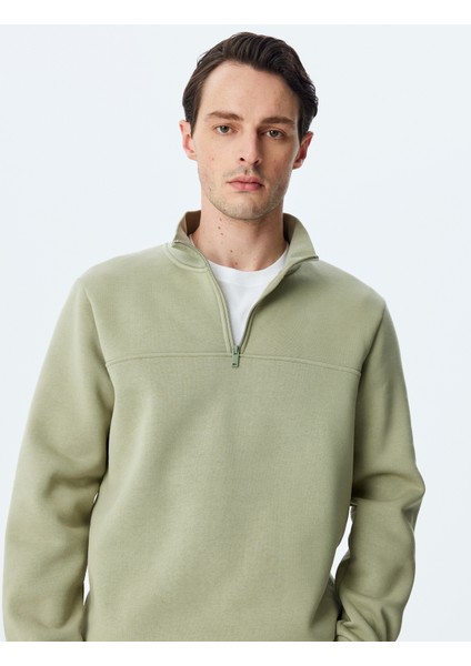 Uzun Kollu Pamuk Karışımlı Basic Yarım Fermuarlı Sweatshirt