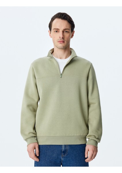 Uzun Kollu Pamuk Karışımlı Basic Yarım Fermuarlı Sweatshirt