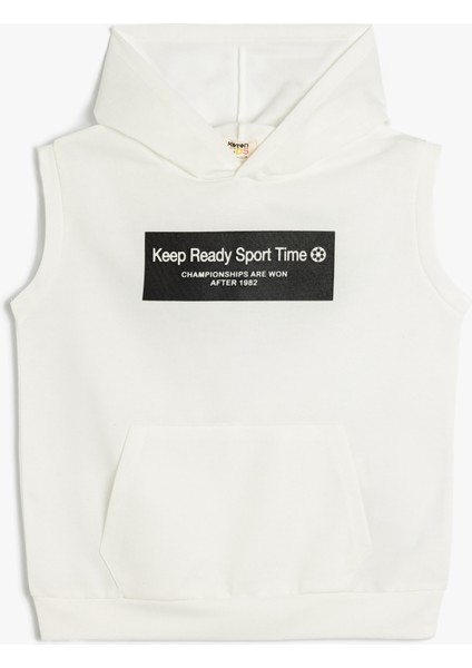 Oversize Kapşonlu Sweatshirt Kolsuz Slogan Baskılı Kanguru Cepli
