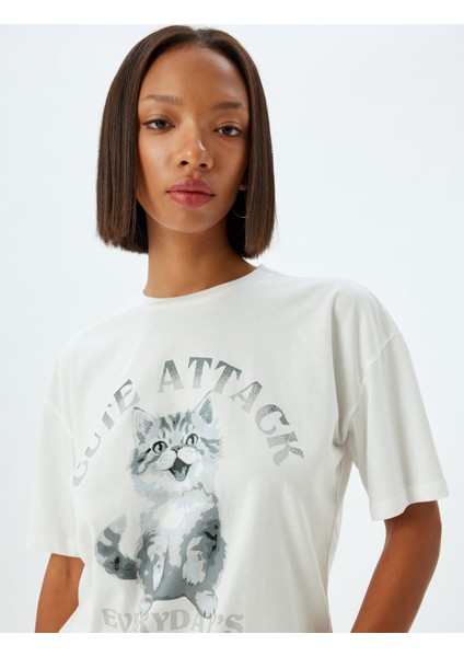 Oversize T-Shirt Kedi Baskılı Bisiklet Yaka Kısa Kollu Pamuklu
