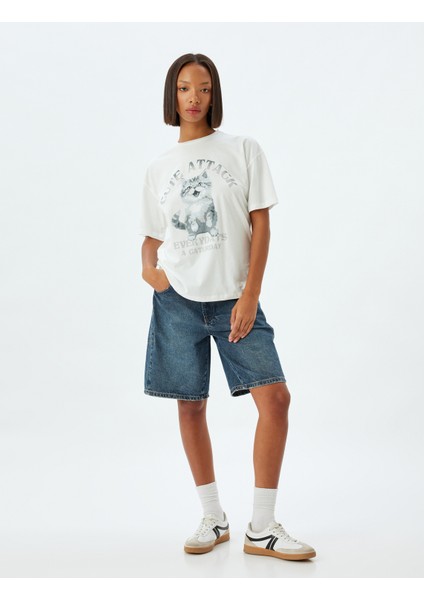 Oversize T-Shirt Kedi Baskılı Bisiklet Yaka Kısa Kollu Pamuklu