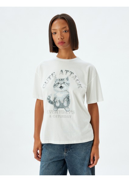 Oversize T-Shirt Kedi Baskılı Bisiklet Yaka Kısa Kollu Pamuklu