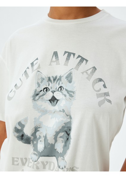 Oversize T-Shirt Kedi Baskılı Bisiklet Yaka Kısa Kollu Pamuklu