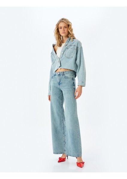 Normal Bel Geniş Paça Düğmeli Kot Pantolon - Wide Leg Jeans