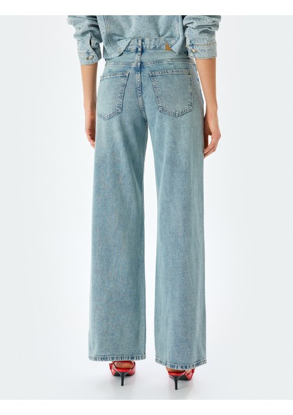 Normal Bel Geniş Paça Düğmeli Kot Pantolon - Wide Leg Jeans fırsatları