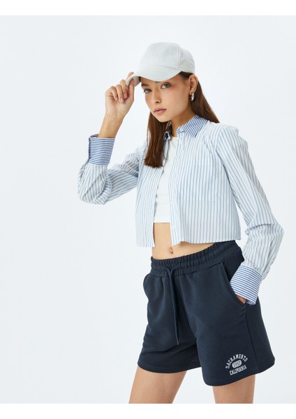 Beli Bağcıklı Kolej Nakışlı Cepli Mini Şort