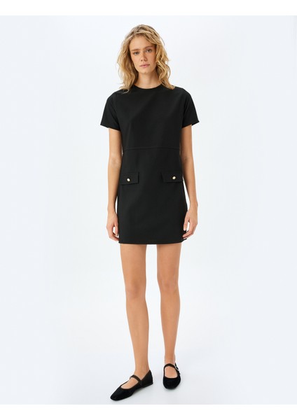 Aplike Detaylı Slim Fit Bisiklet Yaka Kısa Kollu Mini Elbise modelleri