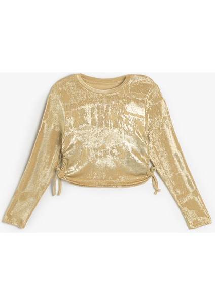 Parlak Bluz Yanları Büzgülü Bağlamalı Uzun Kollu Bisiklet Yaka modelleri