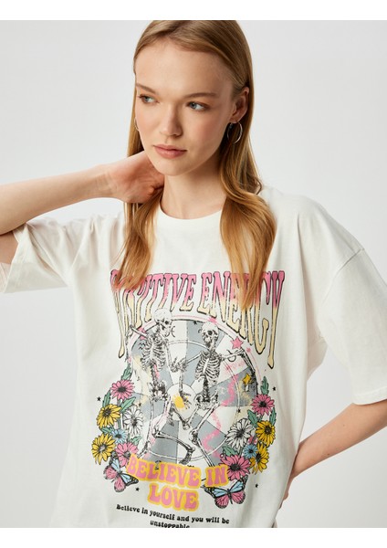 Oversize T-Shirt Baskılı Bisiklet Yaka Kısa Kollu Pamuklu