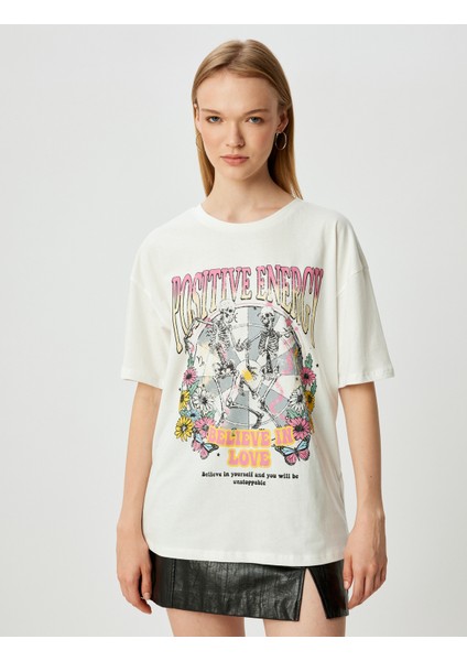 Oversize T-Shirt Baskılı Bisiklet Yaka Kısa Kollu Pamuklu