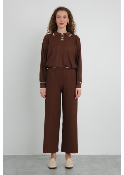 Şerit Detaylı Triko Pantolon Acı Kahve