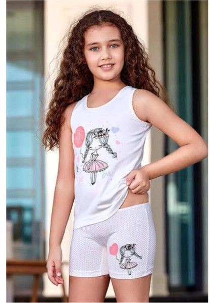 5566 Kız Çocuk Baskılı Atlet Boxer Takım