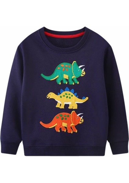 Özel Tasarım Sarı-Yeşil-Turuncu Dinazor Baskılı Erkek Çocuk Trend Sweatshırt