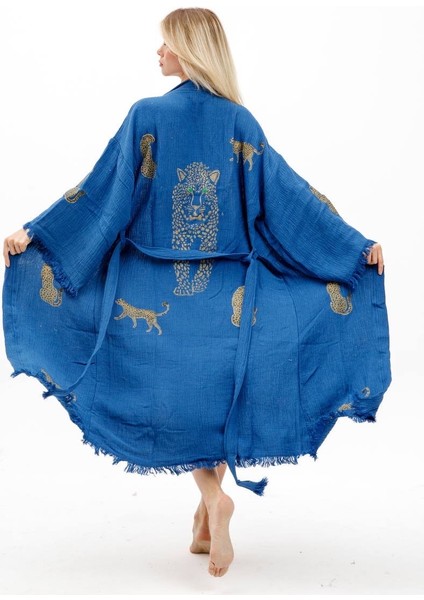 Müslin Kimono Pamuklu Leopar Baskılı Desenli Bornoz Kaftan Sabahlık