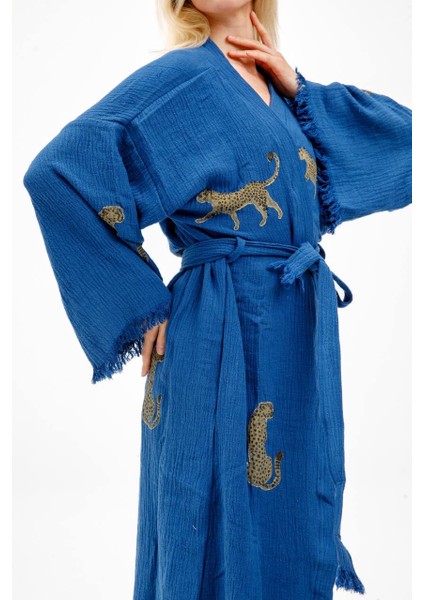 Müslin Kimono Pamuklu Leopar Baskılı Desenli Bornoz Kaftan Sabahlık