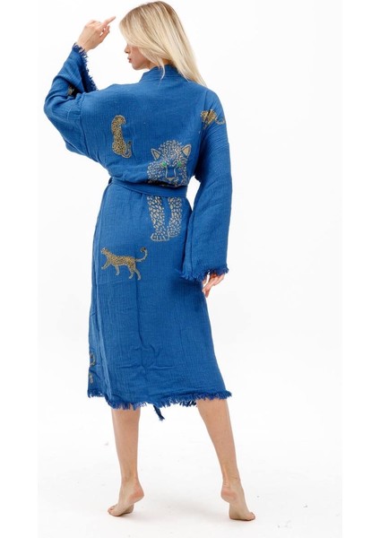 Müslin Kimono Pamuklu Leopar Baskılı Desenli Bornoz Kaftan Sabahlık