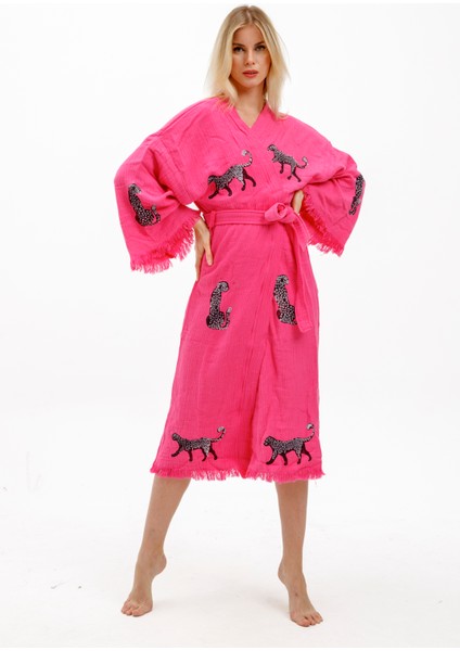Müslin Kimono %100 Pamuklu Leopar Baskılı Desenli Bornoz Kaftan Sabahlık