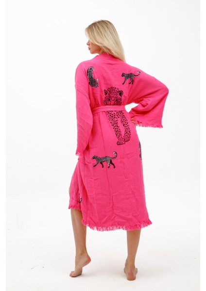 Müslin Kimono %100 Pamuklu Leopar Baskılı Desenli Bornoz Kaftan Sabahlık indirimleri