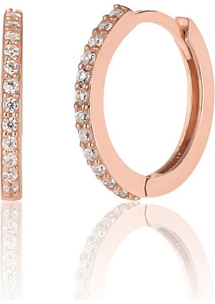 925 Ayar Gümüş Yarım Tur Zirkon Taşlı 15 mm Halka Küpe-Rose