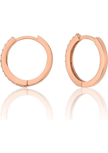 925 Ayar Gümüş Yarım Tur Zirkon Taşlı 15 mm Halka Küpe-Rose