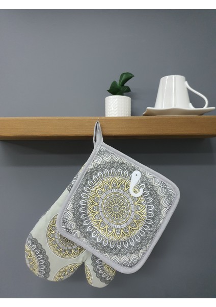 Yılbaşı Özel Mandala Temalı Hediyelik Fırın Eldiveni Seti Gri 35X40 cm