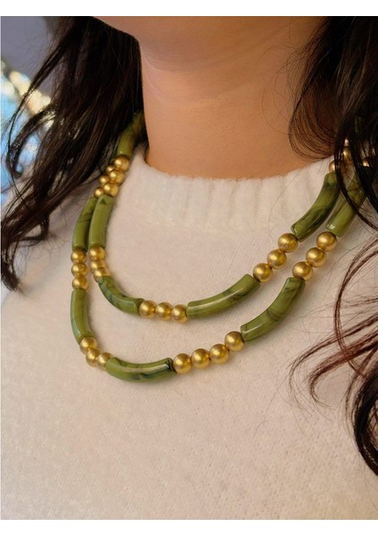 Yeşil Kemik Boncuklu Çift Sıra Kolye 50 cm