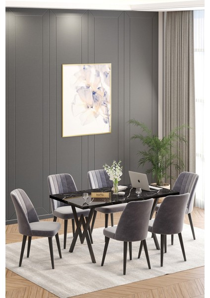 Will Siyah 80X140 Sabit Mutfak Masası Yemek Masası Masa Sandalye Takımı 6 Gri Sandalye
