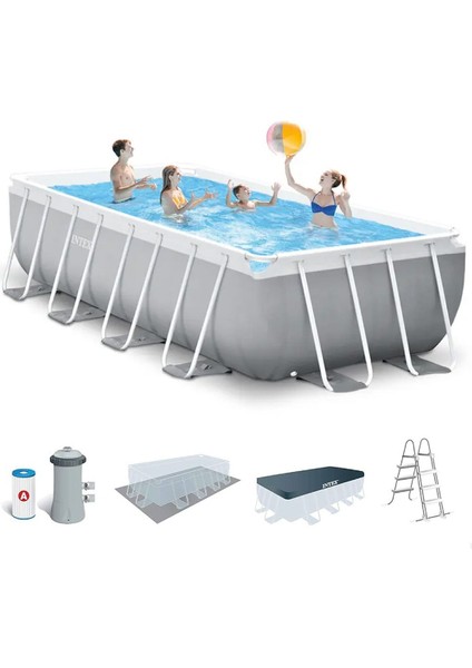 26792NP Dikdörtgen Prefabrik Aile Havuzu 488X244X107CM Merdiven + Örtü + Filtre Set