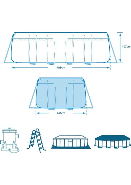 26792NP Dikdörtgen Prefabrik Aile Havuzu 488X244X107CM Merdiven + Örtü + Filtre Set