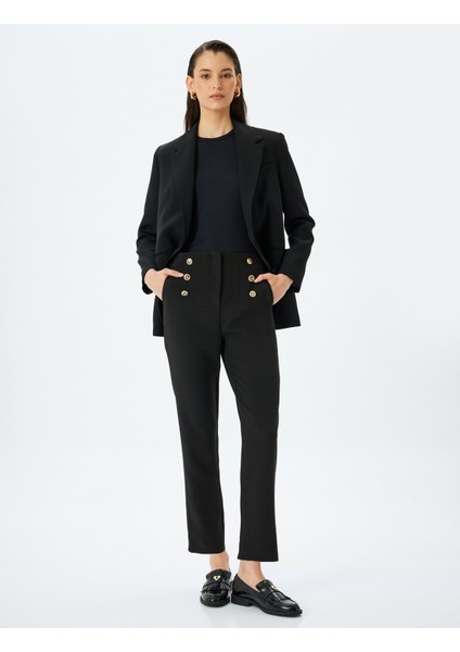 Slim Fit Düğme Detaylı Cepli Yüksek Bel Cigarette Kumaş Pantolon