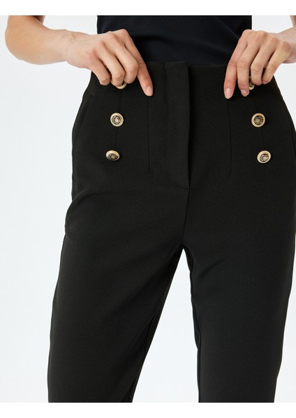 Slim Fit Düğme Detaylı Cepli Yüksek Bel Cigarette Kumaş Pantolon
