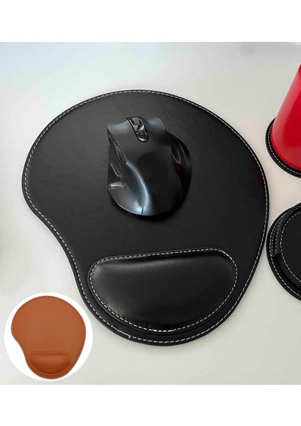 Bilek Destekli Mouse Pad - Dikişli Kaymaz Mouse Ped - Fare Pedi Kahverengi Mouse Pedi - Dikişli Oval Mouse Altlığı